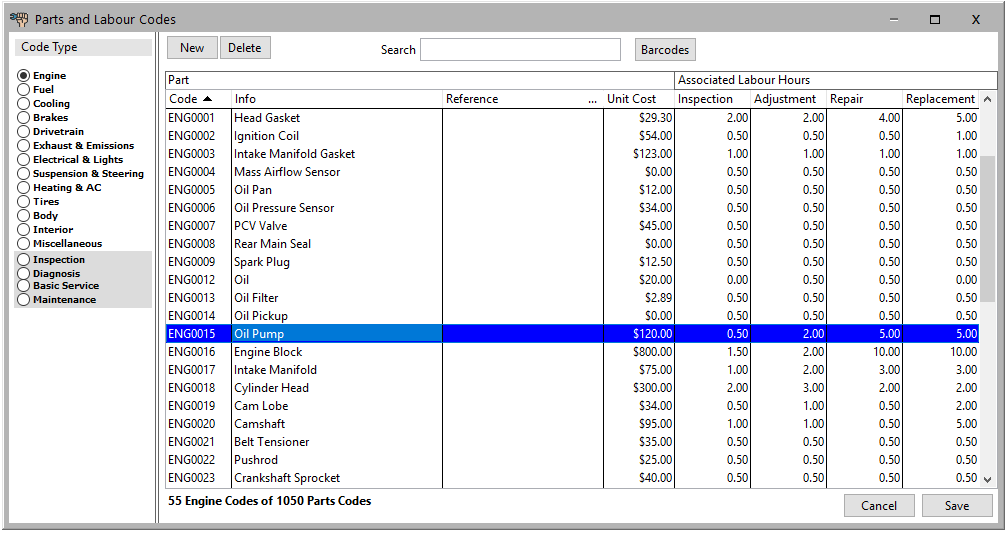 Labour and Parts Cdes